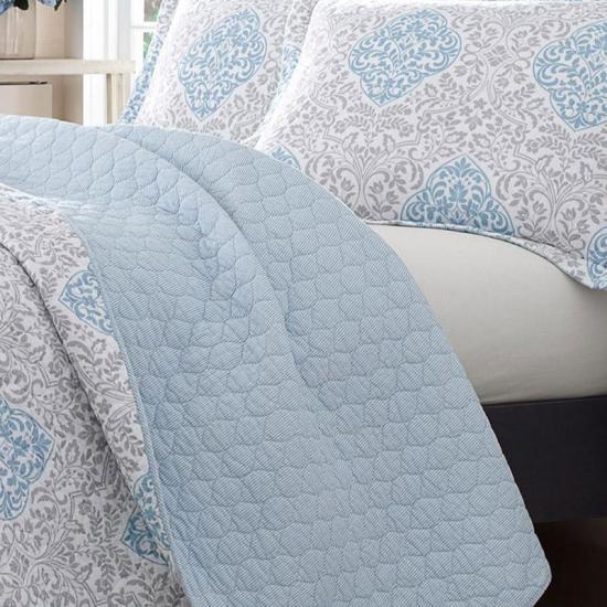 cxmicrotex Sengetøj 3 stykker Quilt Sæt Vendbart Blå Damask Sengetæppe