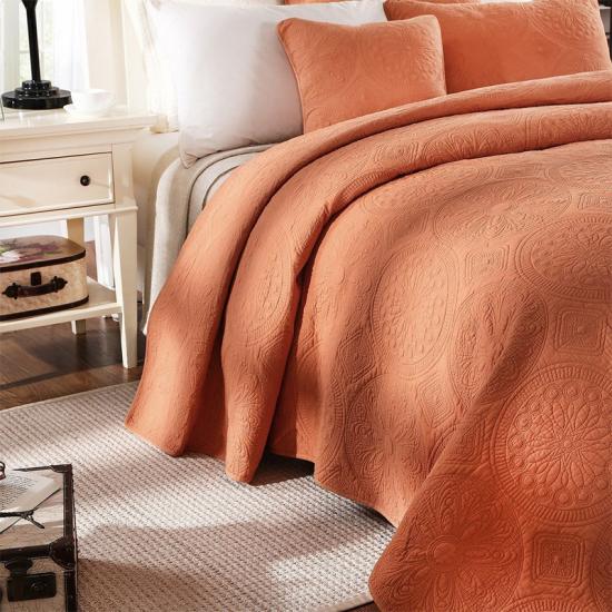 Coral Color Bomuld Broderi Quiltet Sengetæppe 3PC Sæt