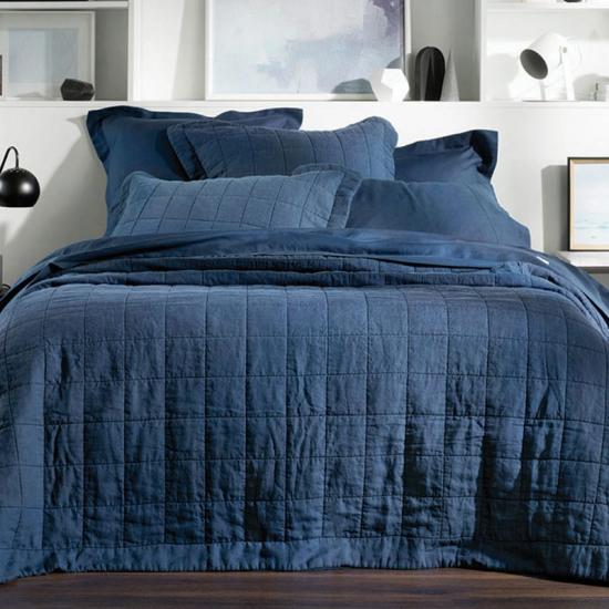Navy Box Quiltet Sengetæppe Stenvasket Quilt Sæt